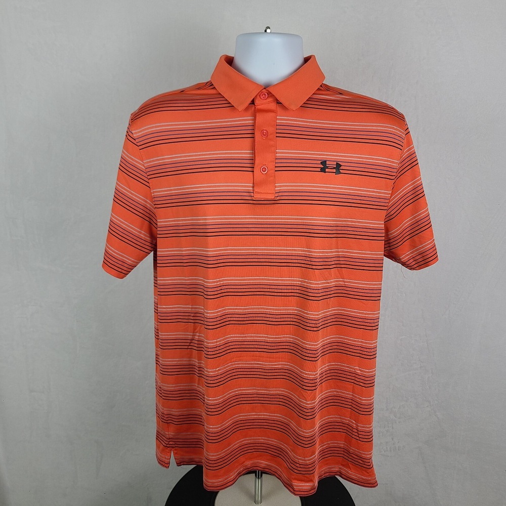 Under Armour Polo Shirt Mens Large Orange Blue Striped Loose Heatgear Coldblack